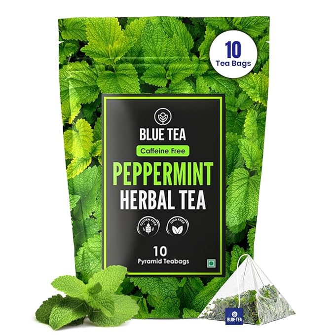 BLUE TEA - Peppermint Tea - 10 Count - Plant Based Tea Bag | SUPPORTS DIGESTION | Antioxidant Rich | Fresh & Cool Minty Flavour | Caffeine Free - Herbal Tea - Non-Bitter - Leaf Based | Ziplock Pack