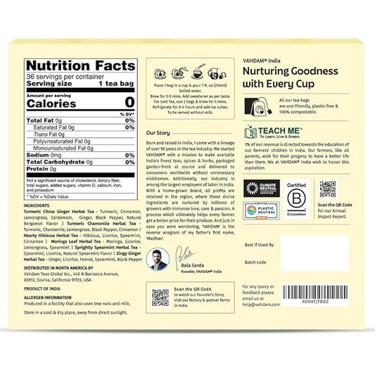 VAHDAM, Herbal Tea Sampler (36 Tea Bags, 6 Flavors) Caffeine-Free, Non-GMO | Assorted Tea Sampler - Turmeric Citrus Ginger, Turmeric Chamomile, Hibiscus, Moringa, Spearmint, Ginger | Gifts for Him/Her