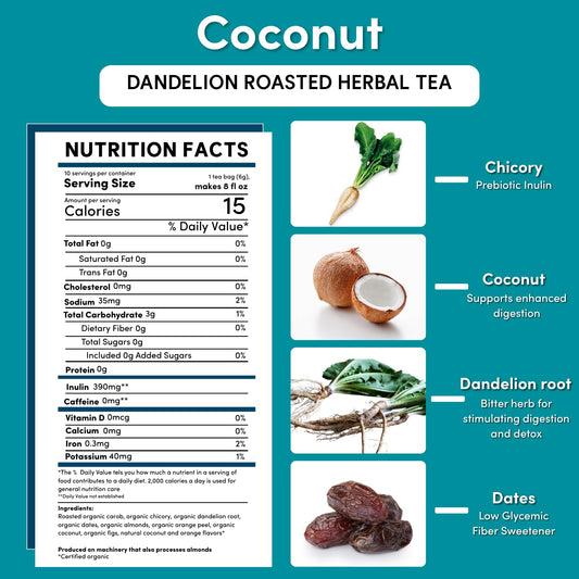 Teeccino Dandelion Coconut Tea - 10 Tea Bags - Caffeine Free