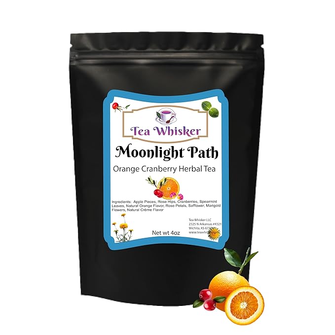 Tea Whisker - Moonlight Path | Orange Cranberry | Fruity Herbal | Loose Leaf Tea | 4 Ounce Pouch | Serve Iced or Hot | Non-Caffeinated