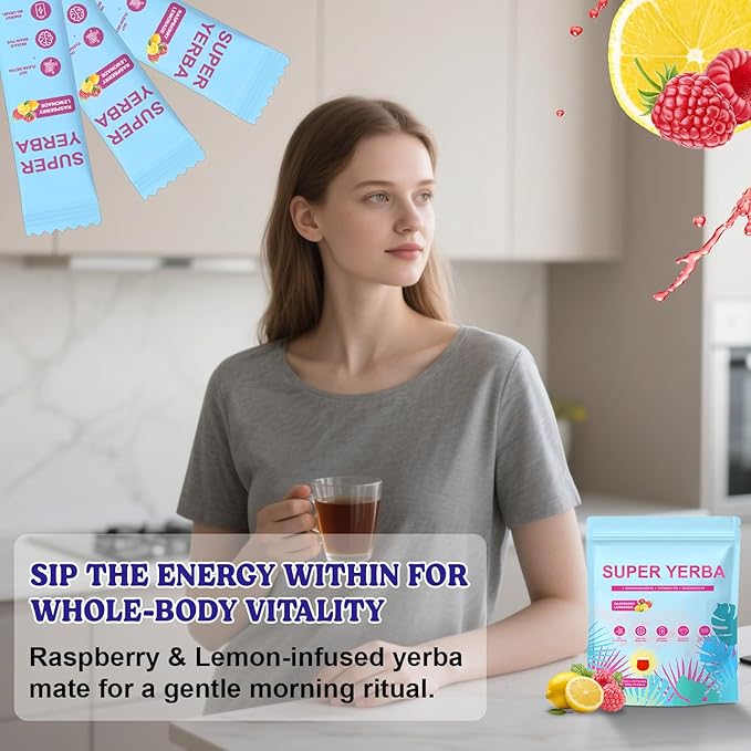 Super Yerba Mate, Yerba Mate Instant Tea Powder Raspberry Lemonade Instant Tea Powder Natural Energy & Focus, 30 Servings, Pink