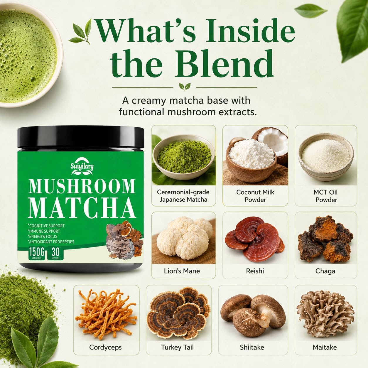 Suiyilary Mushroom Matcha, Ceremonial Matcha Tea Powder with 7 Superfood Mushrooms, Gluten Free, Taste Great Hot or Cold Matcha Latter - 150g 30 Serving