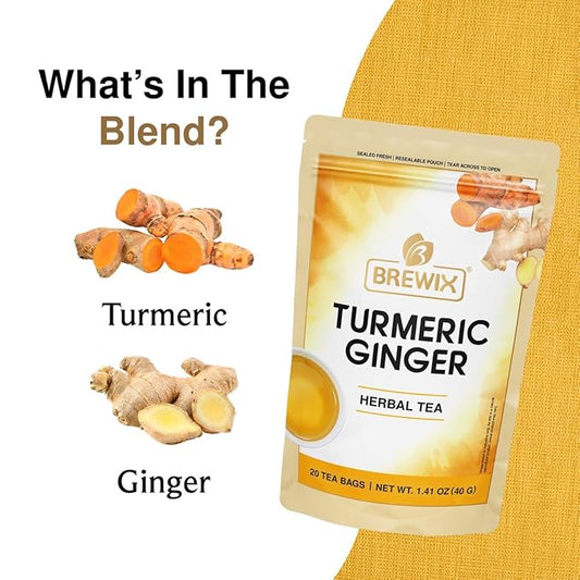 BREWIX, Turmeric Ginger Herbal Tea Bags (20 Pyramid Tea Bags) Real Ingredients From India, Naturally Caffeine Free | Pure Herbal Blend | Packed in Resealable Ziplock Pouch
