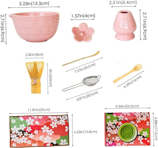 8Pcs Matcha Whisk Set, Ceramic Matcha Bowl with Spout, Bamboo Whisk and Holder, Scoop, Scoop Rest, Sifter & Tea Towel with Cherry Blossom Carved Pattern Kit