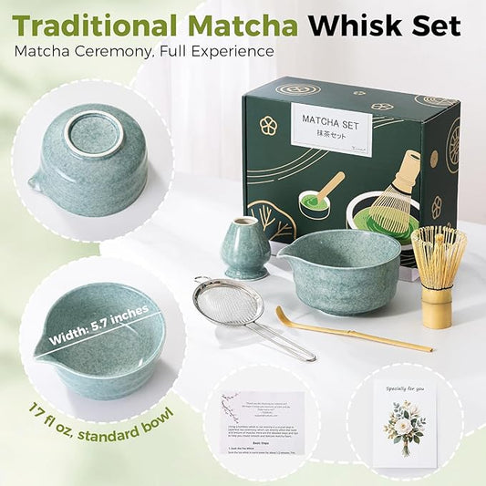 Matcha Whisk Set - Bamboo Whisk and Holder, Bowl with Spout (17 oz), Matcha Sifter and Scoop