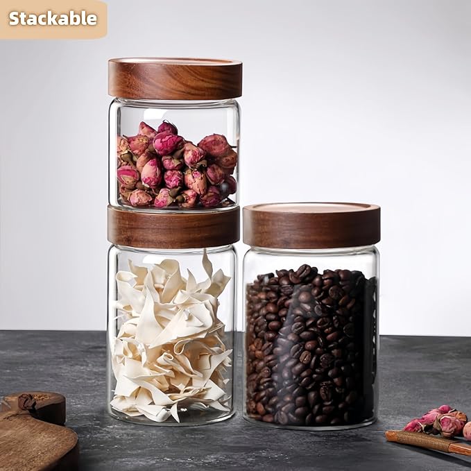 28 Fl oz/850 ml Glass Food Storage Jar, Premium Clear Glass Container Jar with Airtight Wooden Screw Lid, Kitchen Canisters for Coffee,Tea,Pasta,Cookies, Nuts,Spice,Candy,Overnight Oatmeal(Medium)