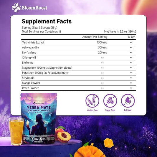 Yerba Mate Instant Tea Powder – Yerba Mate, Ashwagandha, Lion’s Mane, Chlorophyll, Peach Mango Flavor – 6.34 oz (18 Servings) – Sugar-Free, Gluten-Free, Superfood Energy & Focus Blend