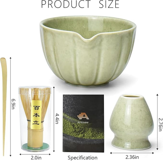 Artcome 4 Pcs Japanese Matcha Tea Set - Matcha Bowl with Pouring Spout, Matcha Whisk, Tea Scoop, Whisk Holder, Handmade Matcha Ceremony Kit For Japanese Tea Ceremony, Mottled Green