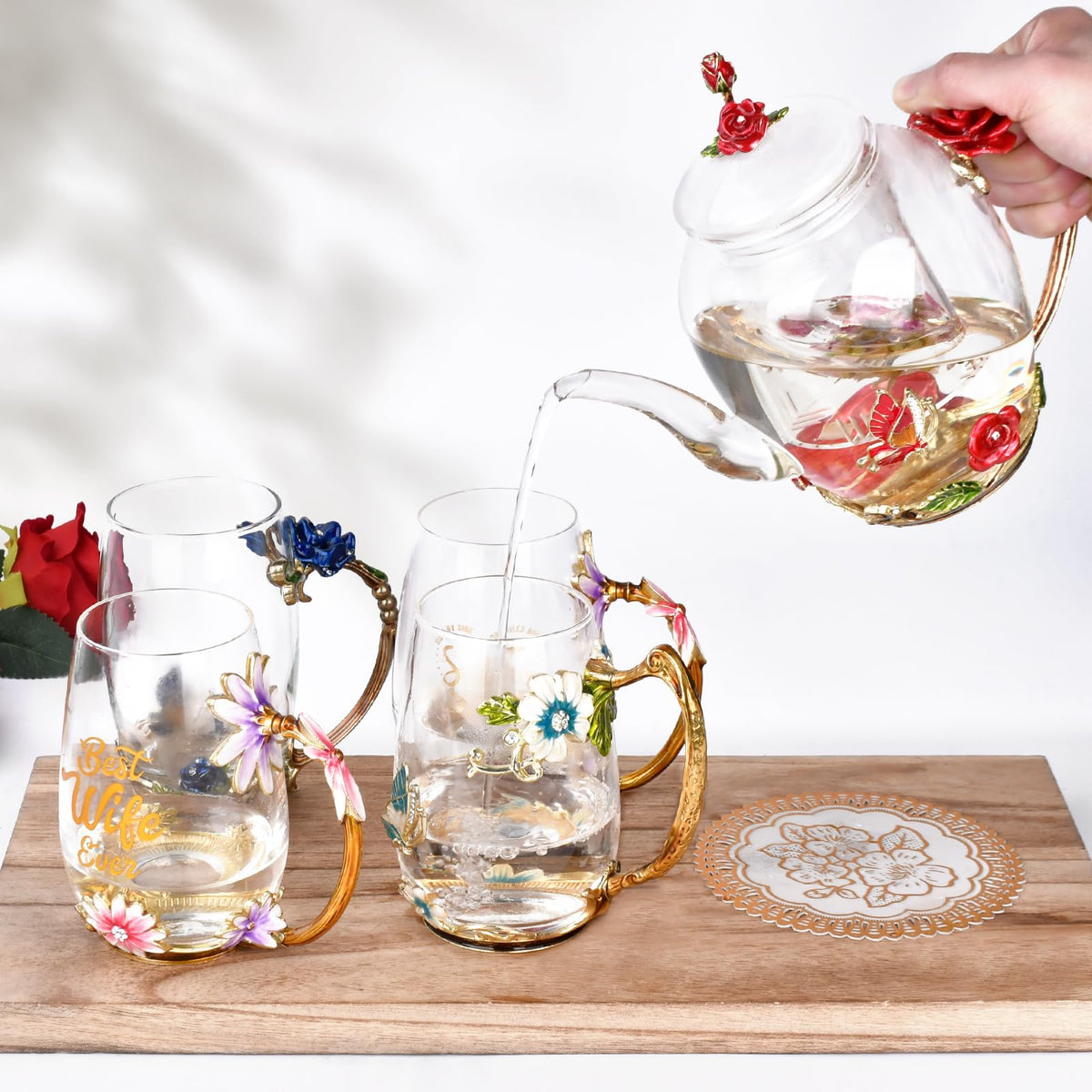 OEAGO Enamel Glass Flower Tea Pot 30.4OZ Birthday Gifts for Women Mom