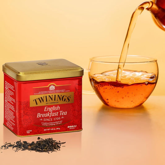 Twinings English Breakfast Loose Tea Tin, 7.05 Ounce Tin (Pack of 1) | Our Most Popular Tea, From Kenya & Assam, Smooth, Full-Bodied, Naturally Caffeinated, 1-200g Reusable Tins, Enjoy Hot or Iced