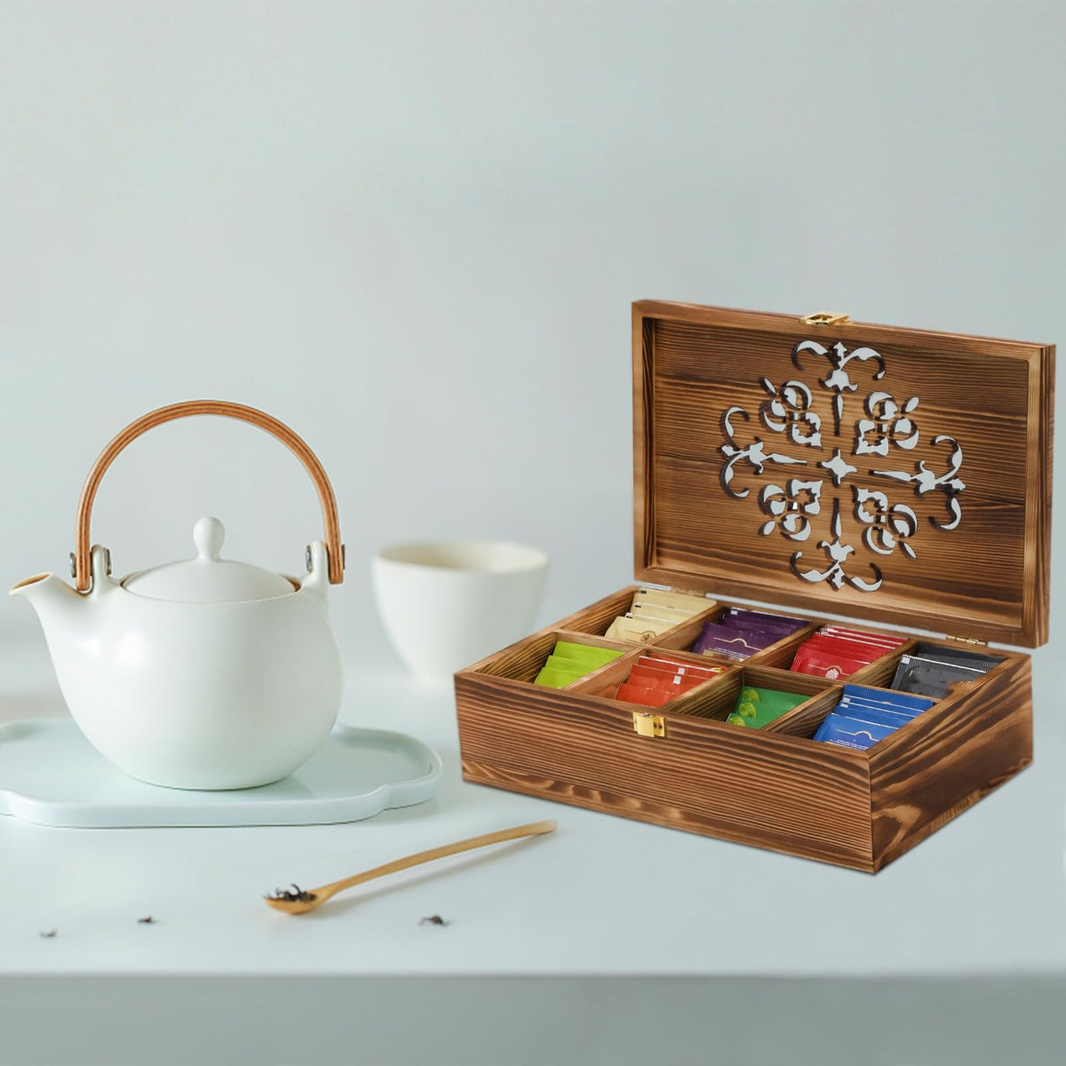 Coloch Wooden Tea Bag Storage Box with Carved Lid, 8-Compartment Tea Chest Organizer Spice Packets Container for Living Room