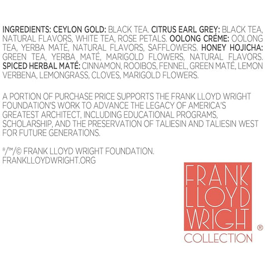 Tea Forte Frank Lloyd Wright Petite Presentation Box Tea Gift Set Sampler, 10 Count, 2 of Each Variety Individually Wrapped Handcrafted Pyramid Infuser Bags