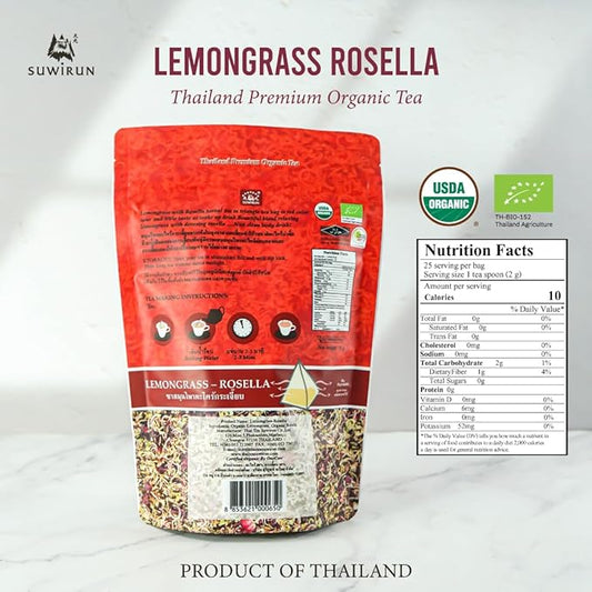 Suwirun Organic Lemongrass & Roselle Tea 25 Bags – Product of Thailand – Tangy Hibiscus & Citrus Herbal Blend, Caffeine-Free, No Calories