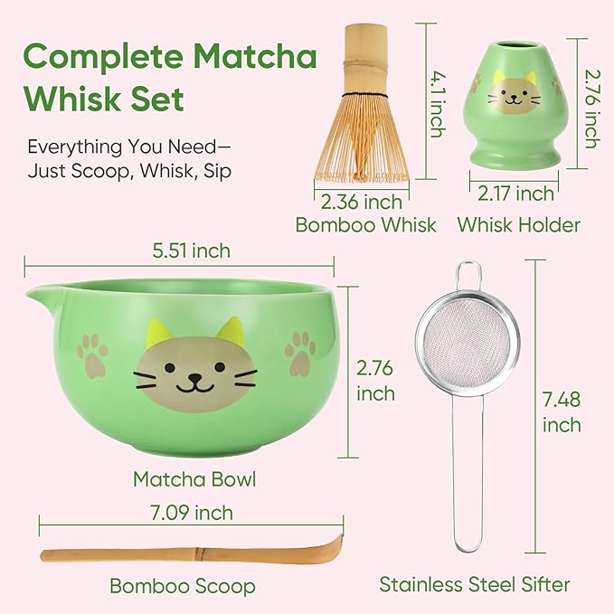 Matcha Whisk Set, 5Pcs Ceramic Matcha Set Includes Matcha Bowl, Matcha Whisk and Holder, Bamboo Scoop and Sifter