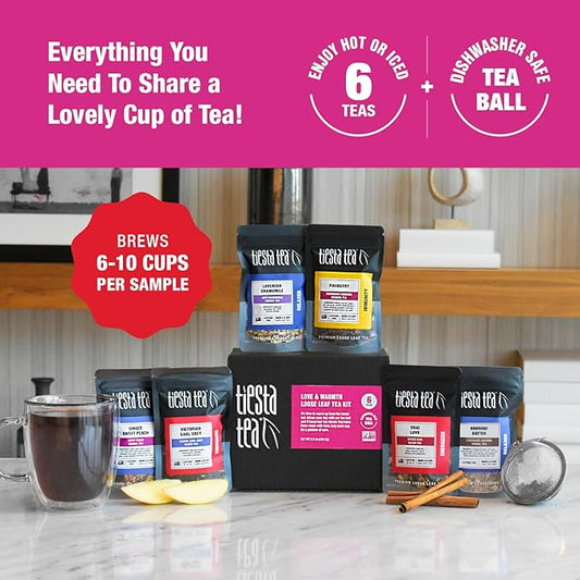 Tiesta Tea - Love & Warmth Loose Leaf Tea Gift Set, Loose Leaf, 6-Flavor Premium Variety Pack with Ball Strainer for Steeping, Brewing, and Enjoying, Valentines Day Assortment to Make Hot or Iced