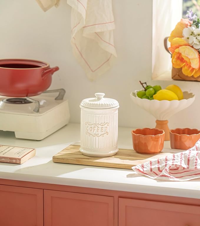 Doric Scroll Ceramic Canisters Sets For The Kitchen Canisters For Countertop Set of 3 Airtight Coffee Canisters For Ground Coffee Sugar Container Tea Storage Jars With Lids Farmhouse Decor