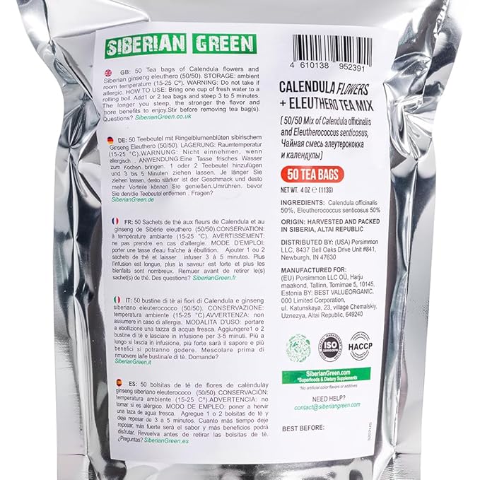 Siberian Green Ginseng Root and Calendula Flower Tea Bags – 50-Pack Herbal Tea Bags – Raw and Natural Botanical Ingredients