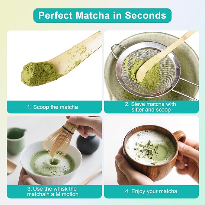 Bamboo Matcha Whisk Set 4pcs, Include Macha Bamboo Whisk (Chasen), Traditional Scoop Chashaku, Tea Spoon, Sifter, Traditional Japanese Tea Tools, Basic Matcha Tea Making Kit for Matcha Lovers