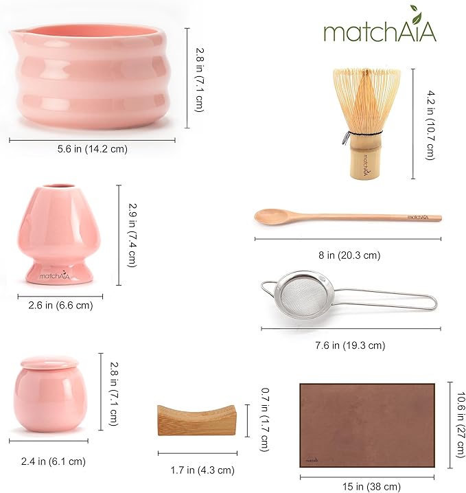 Matcha Whisk Set - Ceramic Bowl, Bamboo Whisk with Holder, Storage Canister, Sifter, Schima Spoon with Rest, Tea Towel
