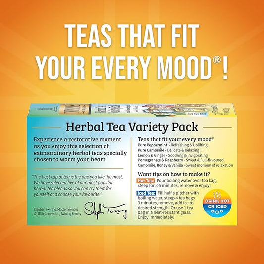 Twinings Herbal Tea Variety Pack, 20 Count (Pack of 2), Formerly Assorted Herbal, Includes 5 Flavours, Naturally Caffeine-Free, Enjoy Hot or Iced, 20 Teabags