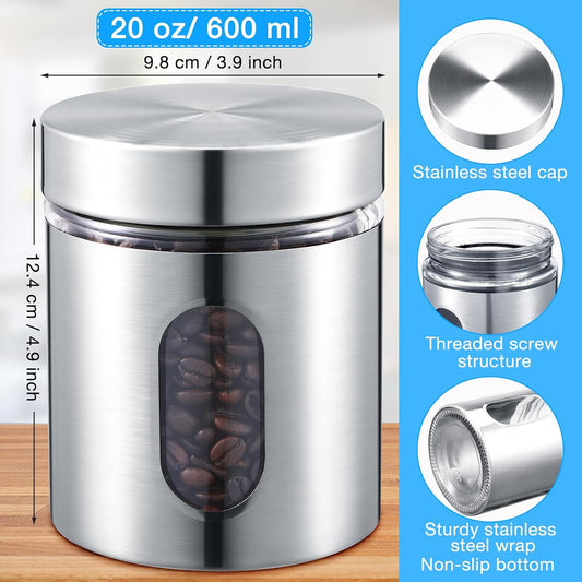Mimorou 6 Pack 20 oz Airtight Stainless Steel Kitchen Canisters, Silver | Set Window Canister Jars, Coffee Tea Sugar, Quick Refill Check, Pantry Organization, Countertop Storage, Spice and Candy Jars