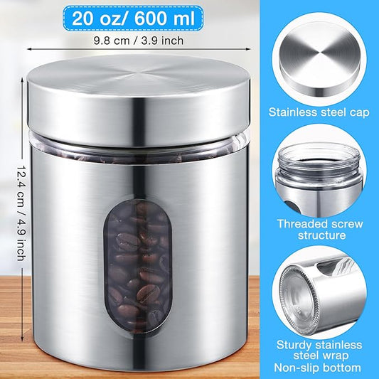 Mimorou 6 Pack Kitchen Canisters Set Airtight Coffee Sugar Tea Candy Storage Jars with Window Glass Stainless Steel Containers with Lids for Flour Cookies Spices Grains Kitchen Decorations(20 oz)