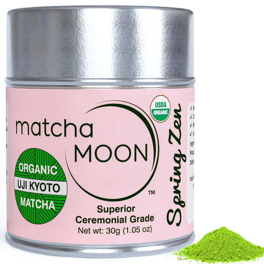 Matcha Moon Spring Zen Superior Ceremonial Grade Matcha Green Tea Powder | Traditional Organic Japanese Matcha Powder from Uji Kyoto | Ideal for Daily Tea Rituals, Lattes & Mindful Wellness - 30g Tin