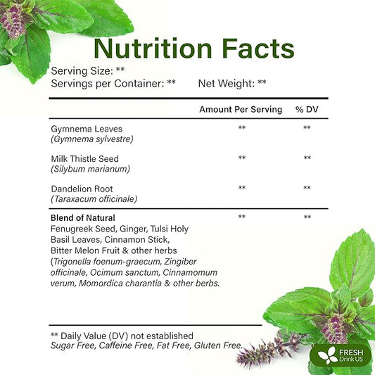 FreshDrinkUS, Premium 75 Tea Bags Glucose Functional Tea – Herbal Blend with Gymnema, Cinnamon, Bitter Melon, Tulsi & More –– Caffeine-Free