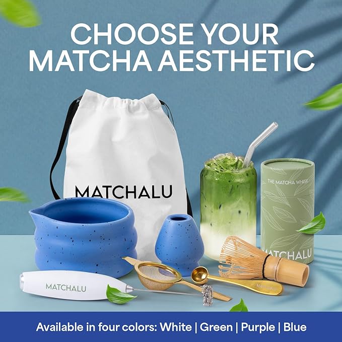 Matcha Whisk Set With Ceramic Matcha Bowl, Bamboo Whisk & Holder, Stainless Steel Spoon & Sifter, Glass Cup & Straw, Electric Frother, Storage Bag - Gift for Matcha Lovers (Premium 9-Piece Set Blue)