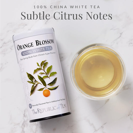 The Republic of Tea Orange Blossom 100% White Tea, Low Caffeine, 50 Count | A gentle cup for everyday sipping. Delicate and smooth with notes of lively citrus. Gluten Free and Carb Free.