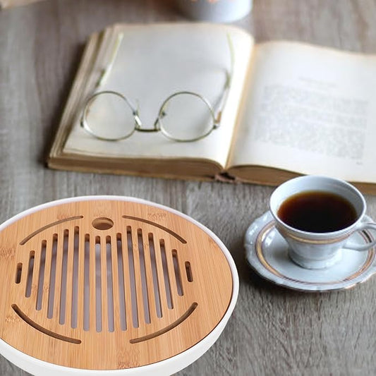 10in Round Shape Modern Stylish Chinese Kung Fu Tea Serving Tray Gongfu Tea Table with Water Storage Box for Home Office Bar