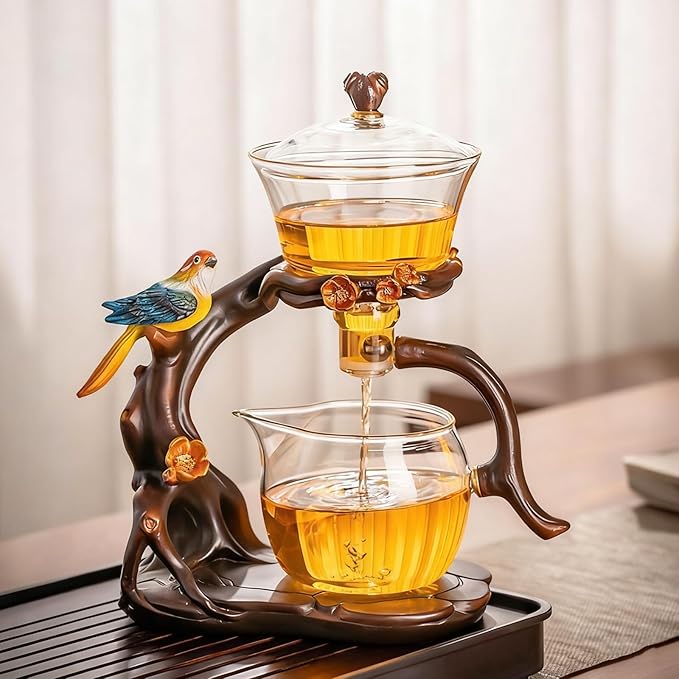 Lazy Kungfu Glass Tea Set Heat Resistant Semi Automatic Drip Rotating with Infuser Magnetic Teapot S