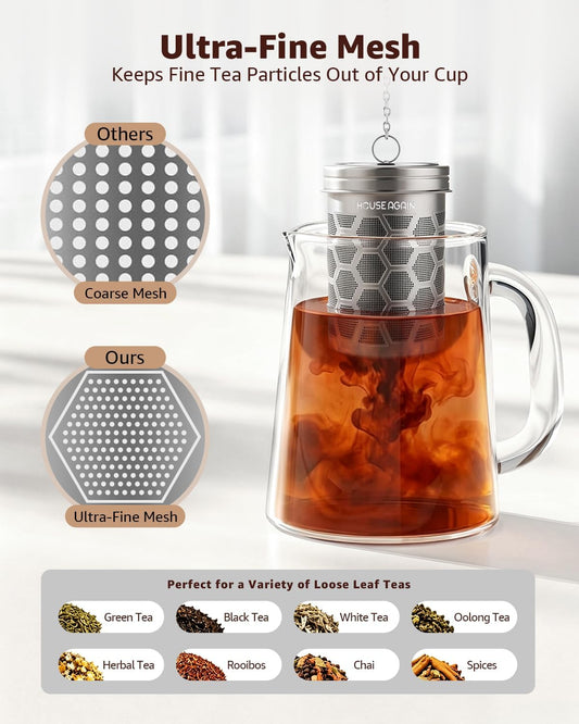 House Again 2 Pack Tea Strainers for Loose Tea, Extra Fine Mesh Tea Infuser, 304 Stainless Steel with Chain Hook, Loose Leaf Tea Steeper for Brew Tea Spices & Seasonings, Geometric Design