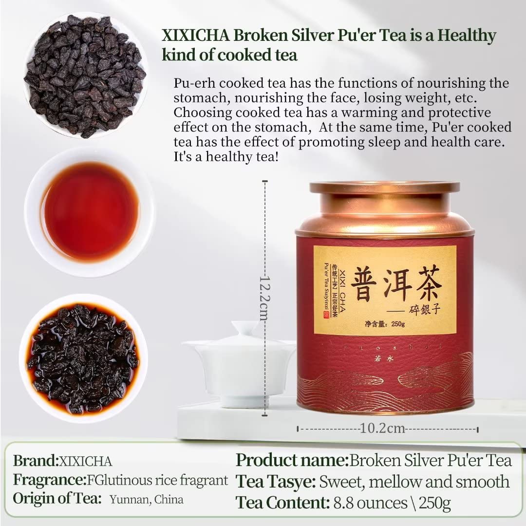 XIXICHA Puerh Tea Premium Broken Silver Ripe Pu-erh Tea Chinese Yunnan Ancient Tree Puer Aged Pu erh Strong Glutinous Rice Fragrance(200 cups) 普洱茶 碎银子茶 中国熟普洱茶 茶化石 8.8oz/250g