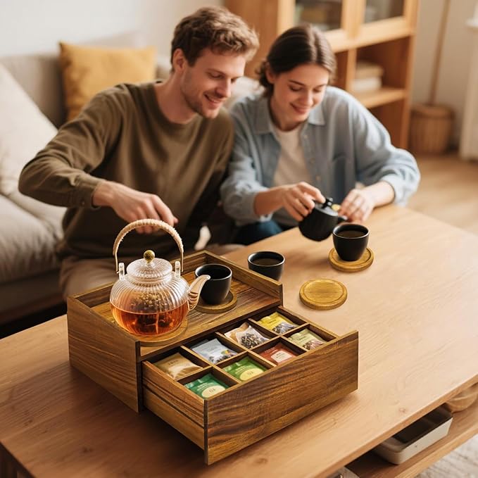 Idefair Acacia Wood Tea Box Organizer Storage Box with 5 Wooden Coasters, Tea Bags Organizer Chest Storage with Drawer, Tea Bag Box for Coffee Teabgs Countertop Display