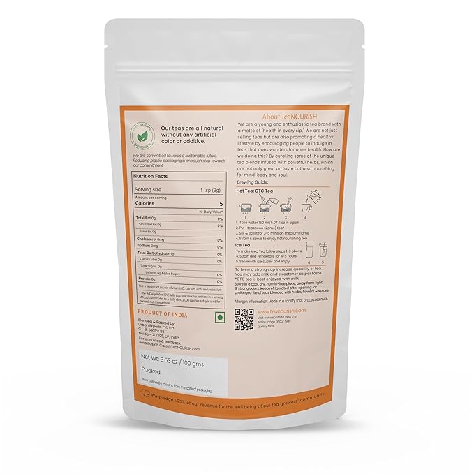 TeaNOURISH Earl Grey Masala Chai Tea | Spiced Citrus | Blend of Assam CTC, Cardamom, Cinnamon, Black Pepper, Clove, Natural Bergamot Extract | 100% NATURAL - 3.53oz/100g (Pack of 2)