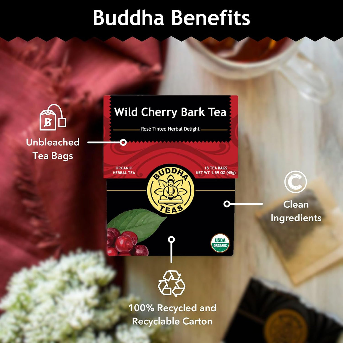 Buddha Teas Organic Wild Cherry Bark Tea - Herbal Tea, Caffeine Free