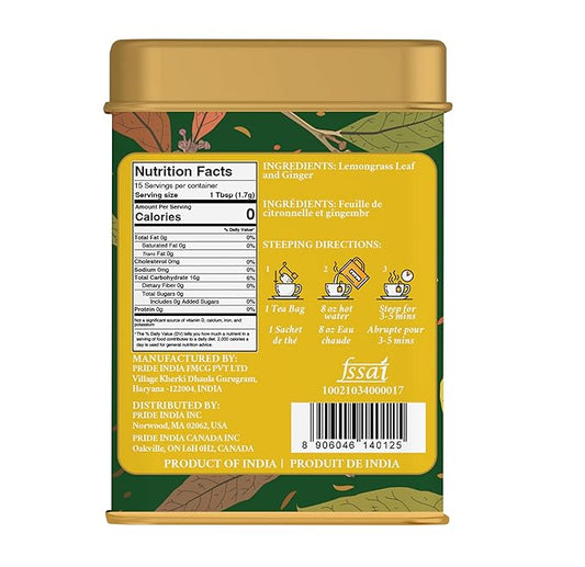 Pride of India | Lemongrass Ginger Zesty Fresh Tea | 15 Pyramid Full Leaf Individually Wrapped Tea Bags | 100% Herbal Blend from Single Origin | Tangy & Spicy Flavor | Caffeine-Free