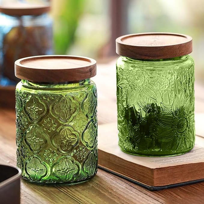 Glass Jar with Lid, Vintage Glass Storage Jars with Airtight Lid Coffee Canister Sugar Container for Kitchen Counter Pantry, Spice, Candy