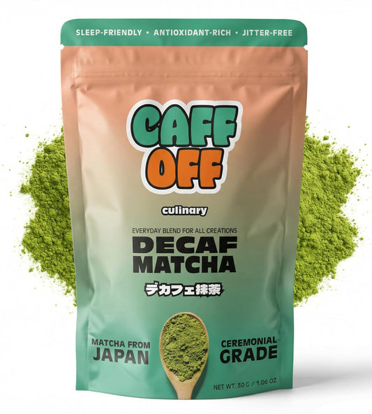 Caff Off Decaf Matcha Green Tea Powder From Japan - 1.06 oz / 30 g - Culinary Grade - Naturally Decaffeinated Using No Chemicals - Tested For Heavy Metals & Pestacides - First Harvest & Shade Grown Caffeine Free Matcha Powder
