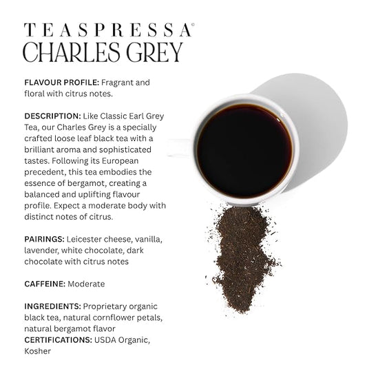 Teaspressa Organic Earl Grey Tea - Brews Like Espresso - Bold, Rich, Full-Bodied - Make Tea Lattes At Home - Naturally Caffeinated - Vegan & Gluten-Free - Makes 30 Cups - Barista Quality - Great Gift Idea