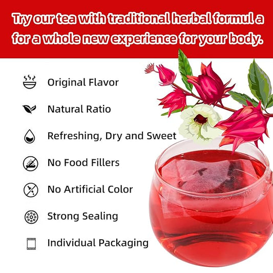 Premium Hibiscus Tea Bags, 60 Count, 100% Pure & Natural Dried Hibiscus Flowers - No Sugar, Caffeine-Free, Gluten-Free, Vegan. Tart & Refreshing