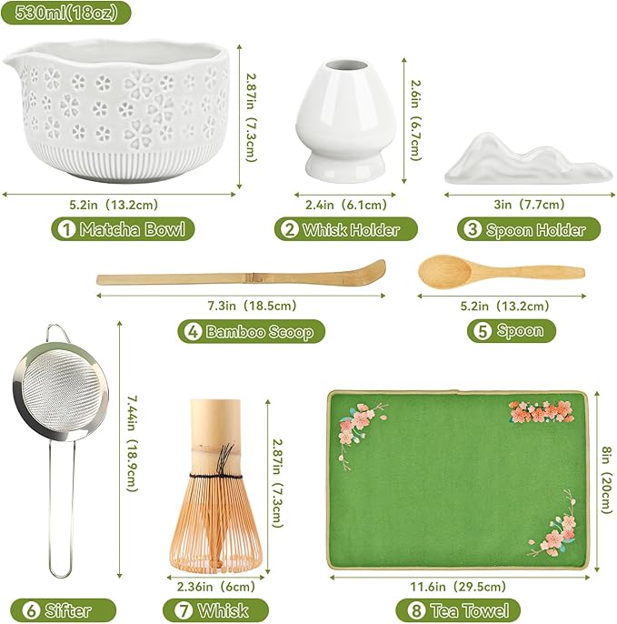 Matcha Whisk Set, 7 Pcs Matcha Making Kit with Matcha Bowl, Matcha Whisk and Holder, Bamboo Scoop, Scoop Rest, Sifter and Tea Towel,Gifts for Christmas Birthday