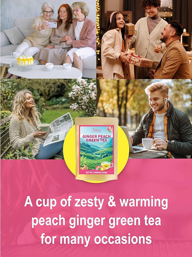 TeeLux Peach Ginger Green Tea, Brisk Green Tea with Spicy Ginger & Aromatic Natural Peach Flavor, Low Caffeine, 100 Count
