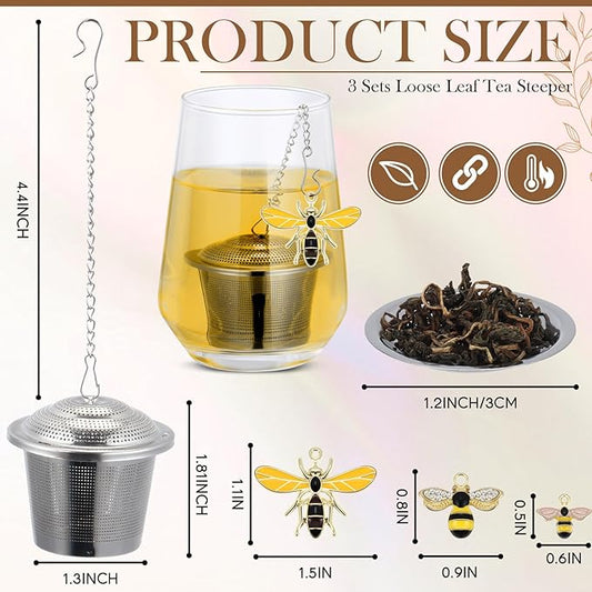3 Sets Tea Infusers Loose Tea, Stainless Steel Leaf Strainers Steepers with Drip Trays and Honey Bee Pendant Novelty Fine Mesh