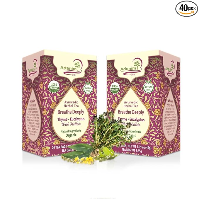 Adanim Bio Ayurvedic Herbal Tea Breathe Deeply Thyme Eucalyptus Mullein Tea USDA Organic Naturally C