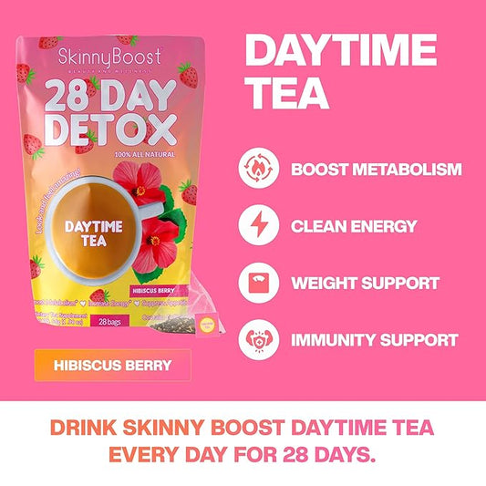 SkinnyBoost 28 Day Daytime Tea - Hibiscus Berry (28 Tea Bags) All Natural, Non GMO, Vegan, Keto Friendly