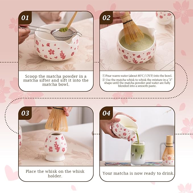 7 Pcs Matcha Kit: Ceramic Matcha Bowl with Spout, Bamboo Whisk And Scoop, Stainless Steel Sifter, Holder, Rest And Tea Towel. Elegant Matcha Whisk Set for Beginners And Gifting