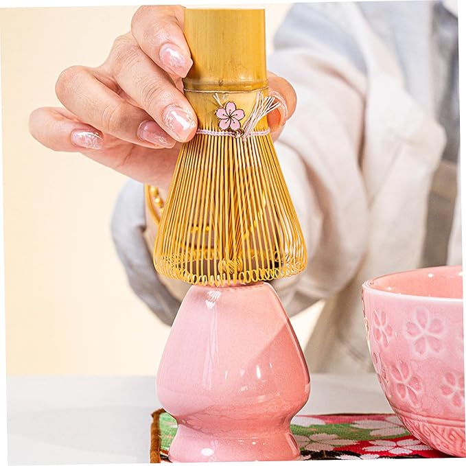 8Pcs Matcha Whisk Set, Ceramic Matcha Bowl with Spout, Bamboo Whisk and Holder, Scoop, Scoop Rest, Sifter & Tea Towel with Cherry Blossom Carved Pattern Kit