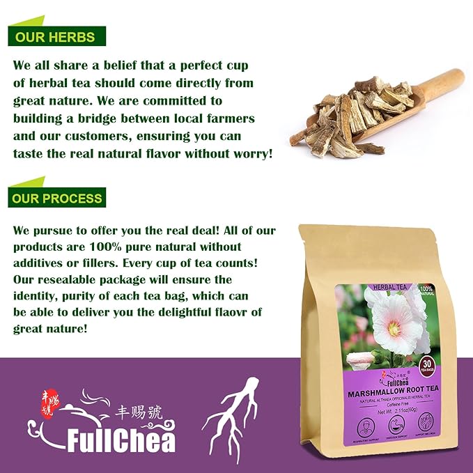 FullChea - Marshmallow Root Tea, 2g X 30 Count - Premium Natural Dried Cut & Sifted Althaea Officinalis - Non-GMO - Caffeine-free & Promote Digestion